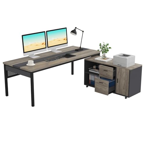70.8" L-Shaped Computer Desk and File Cabinet Combo with Drawers and Shelves C13859