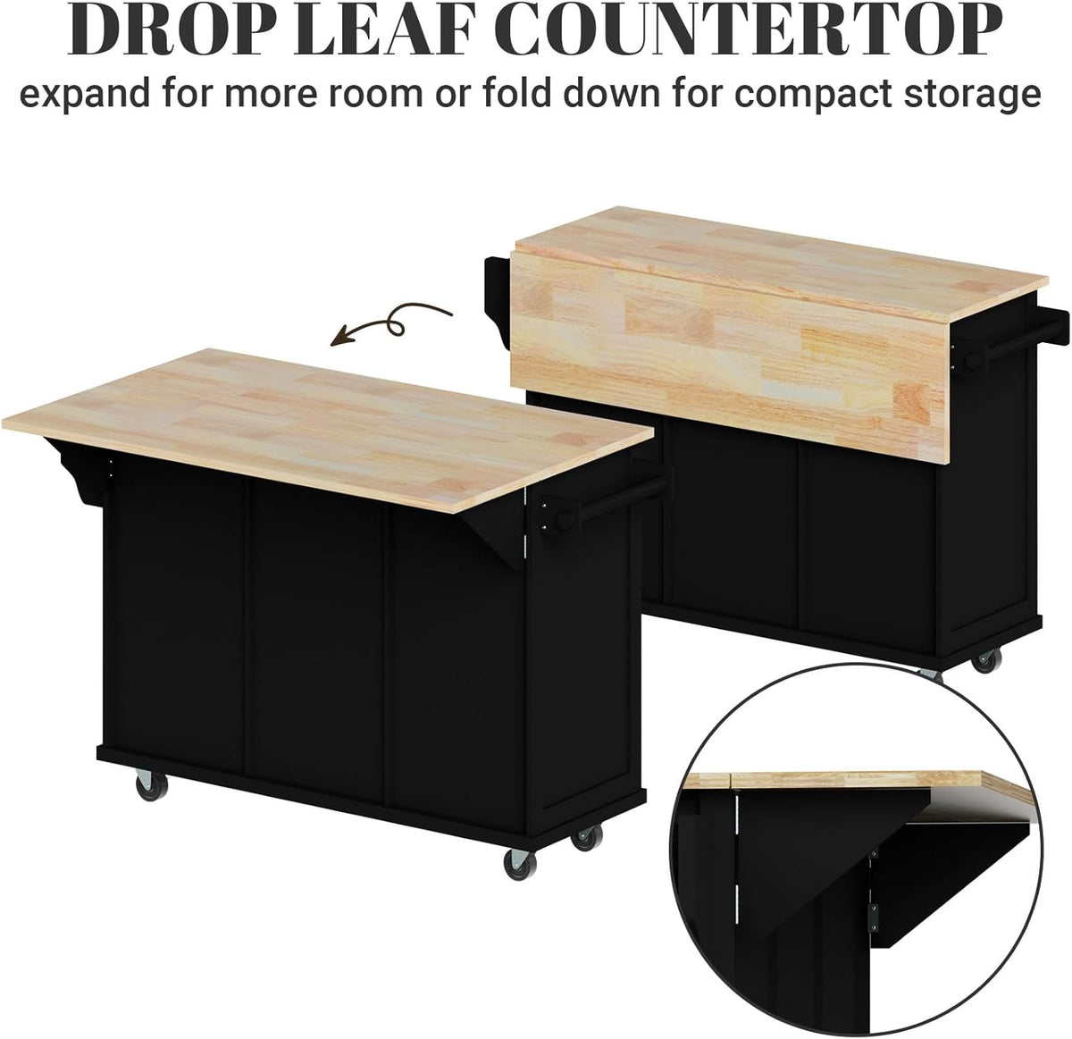 Black 53in Wood Rolling Kitchen Island with Drawer and Storage Cabinet C8478