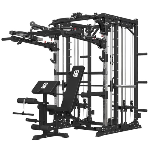 Smith Machine with Smith Bar, Power Cage Squat Rack with Lever Arm, Leg Press, LAT Pull Down System, Cable Crossover Machine D531
