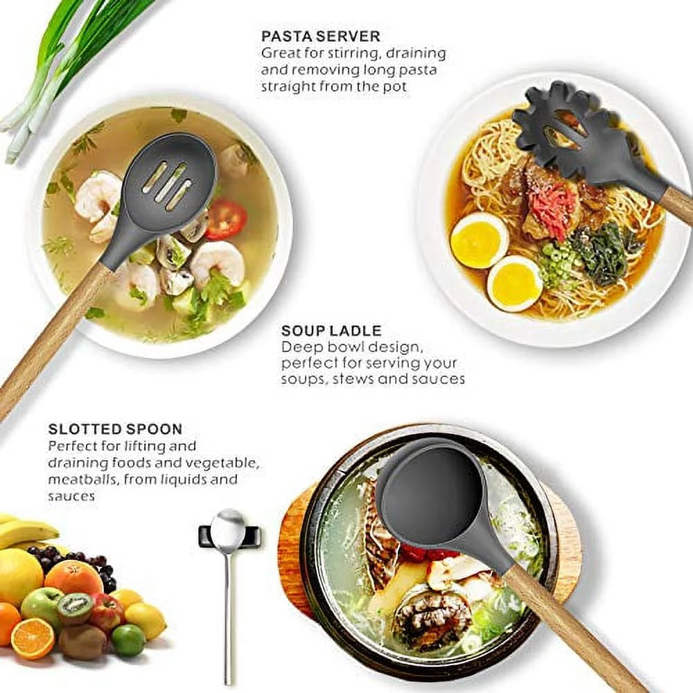 14 Pcs Silicone Cooking Utensils Set with Wooden Handles Y140448