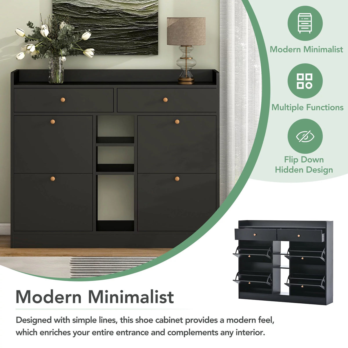 Black Shoe Storage Cabinet with 4 Flip Drawers L28028