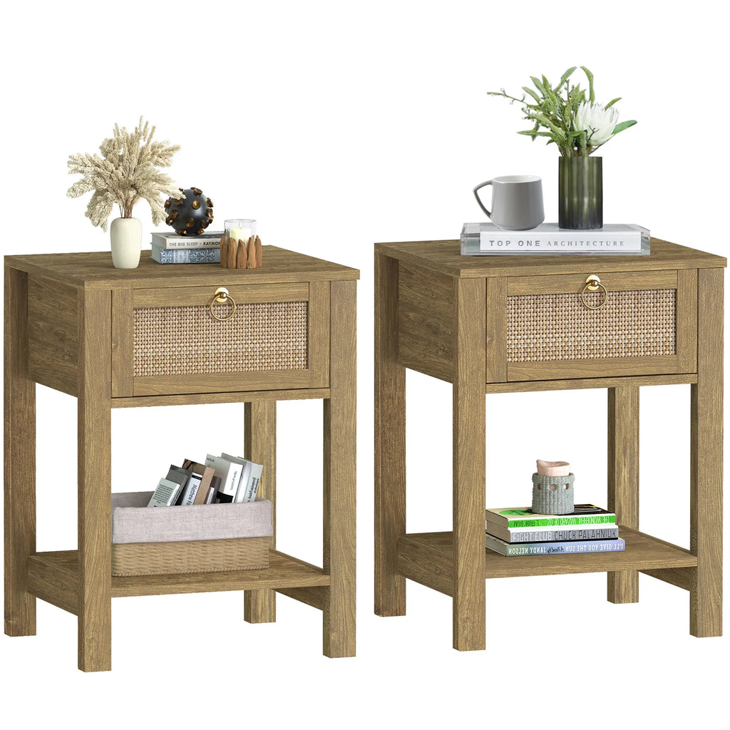 White Nightstand Set of 2 with Rattan Drawer and Open Storage Shelf I32611