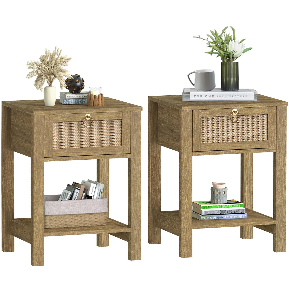 White Nightstand Set of 2 with Rattan Drawer and Open Storage Shelf I32611