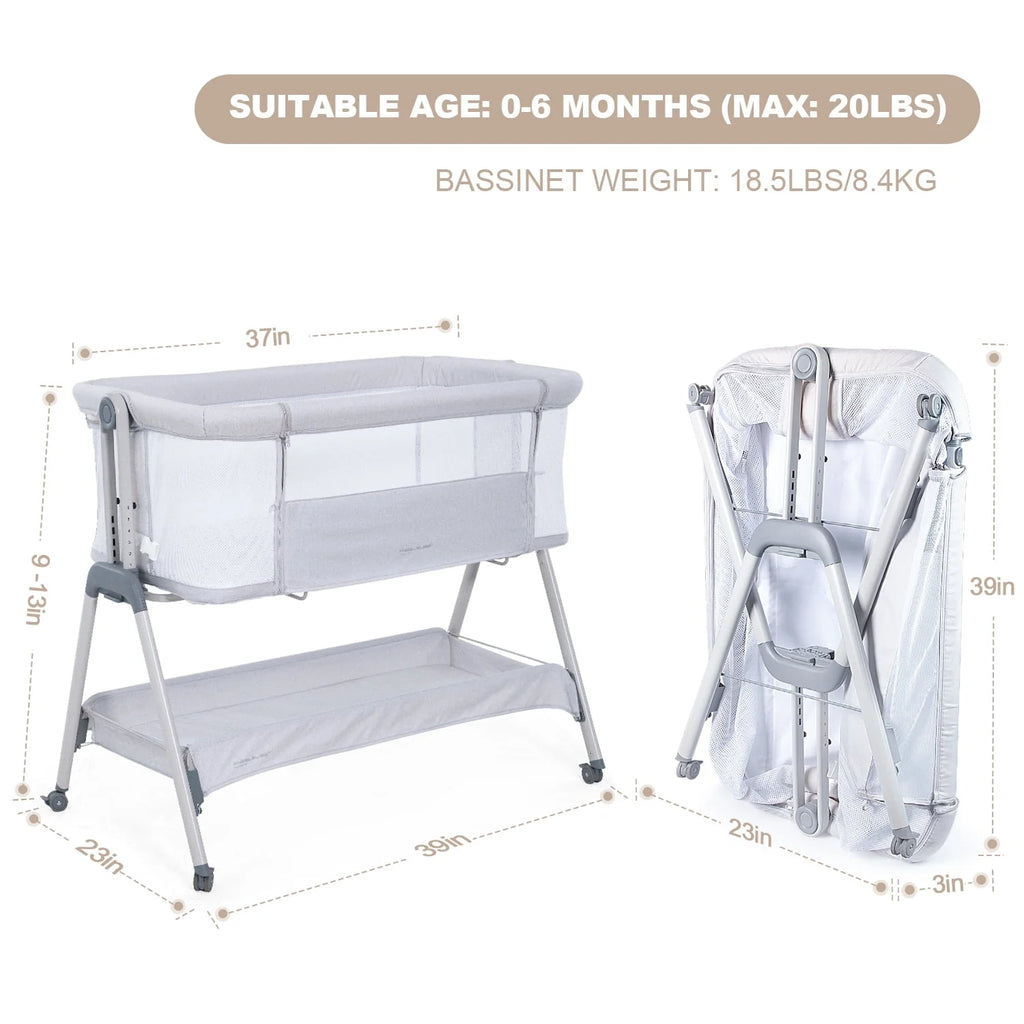 Flat Bedside Bassinet with Storage Basket, Portable Crib with Wheels, Mesh, Mattress L782