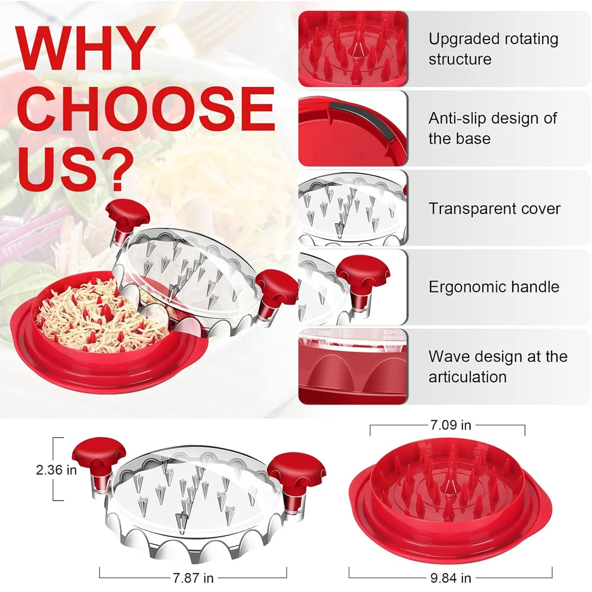 Chicken Shredder with Handles and Non-Skid Base, Dishwasher Safe - Red W2890
