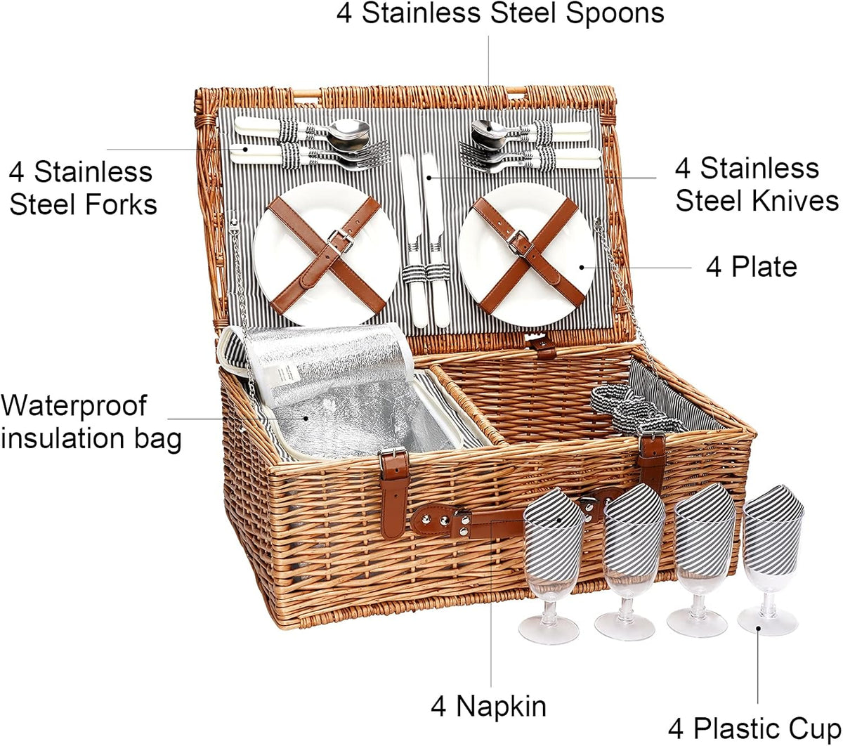 Large Willow Wicker Picnic Basket Set with Insulated Compartment Z956267
