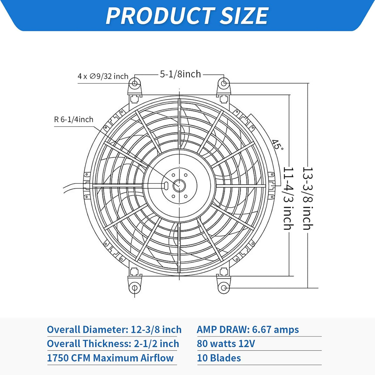 2x12 Inch Electric Radiator Cooling Fan 1750 CFM 12 Volts 80 Watts Pack of 2 U1468