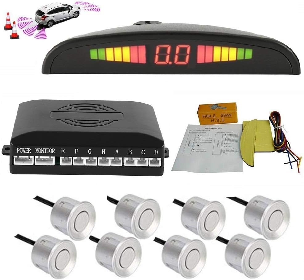8 Reversing Sensors Kit with Front and Rear Alarm Buzzer LED Display White Pack of 2 J6118
