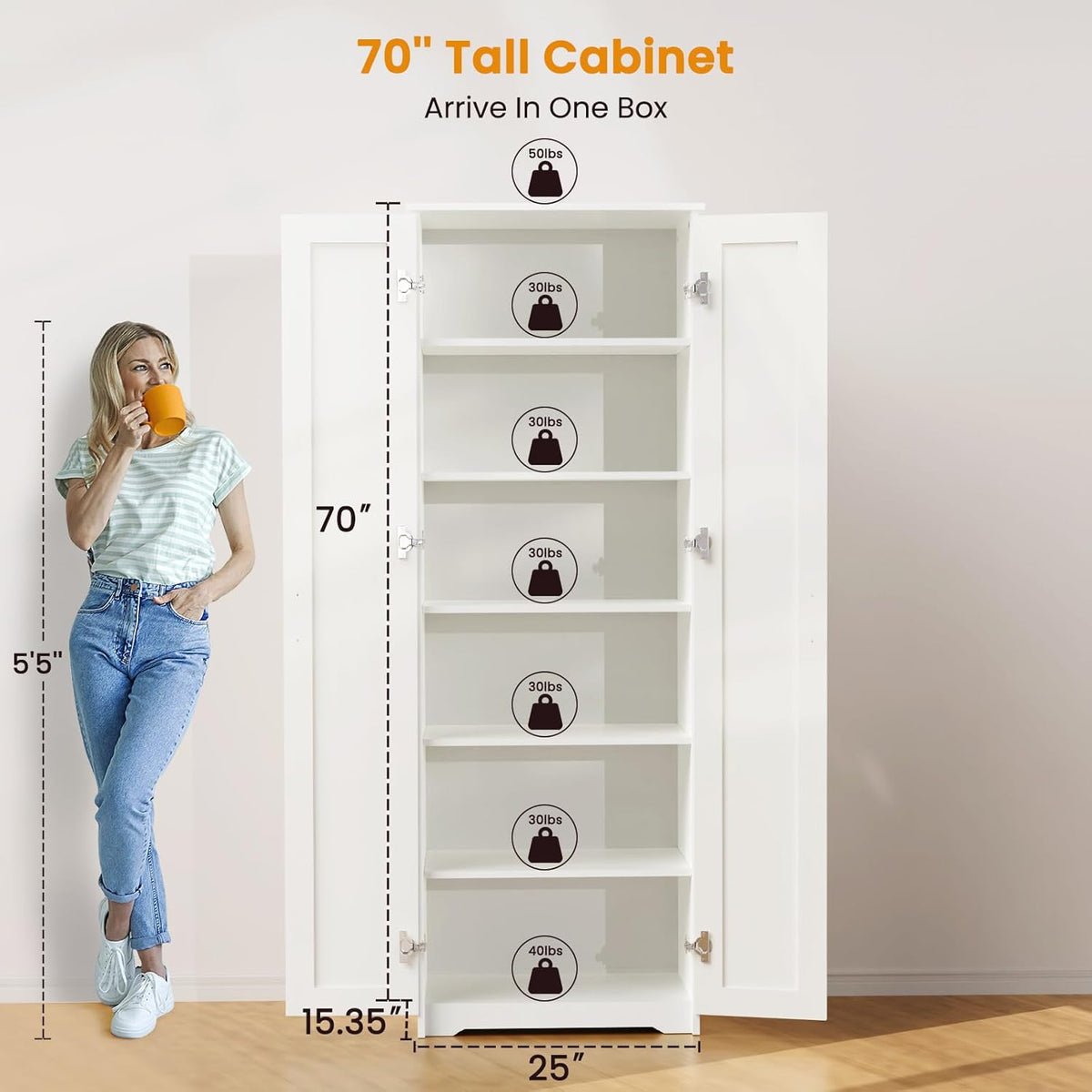 White 70" Tall Storage Cabinet with 2 Doors and 6 Adjustable Shelves B1313