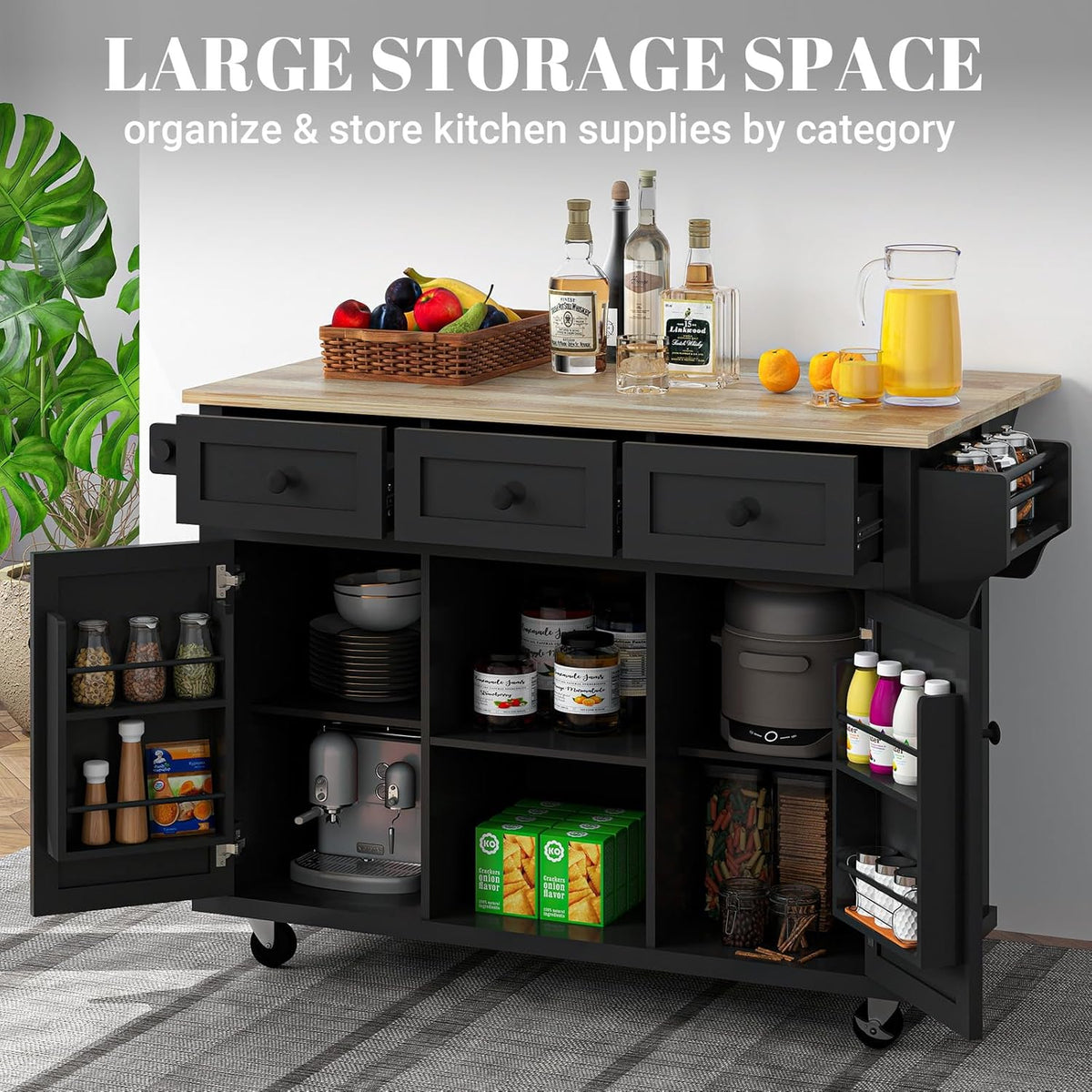 Black 53in Wood Rolling Kitchen Island with Drawer and Storage Cabinet C8478