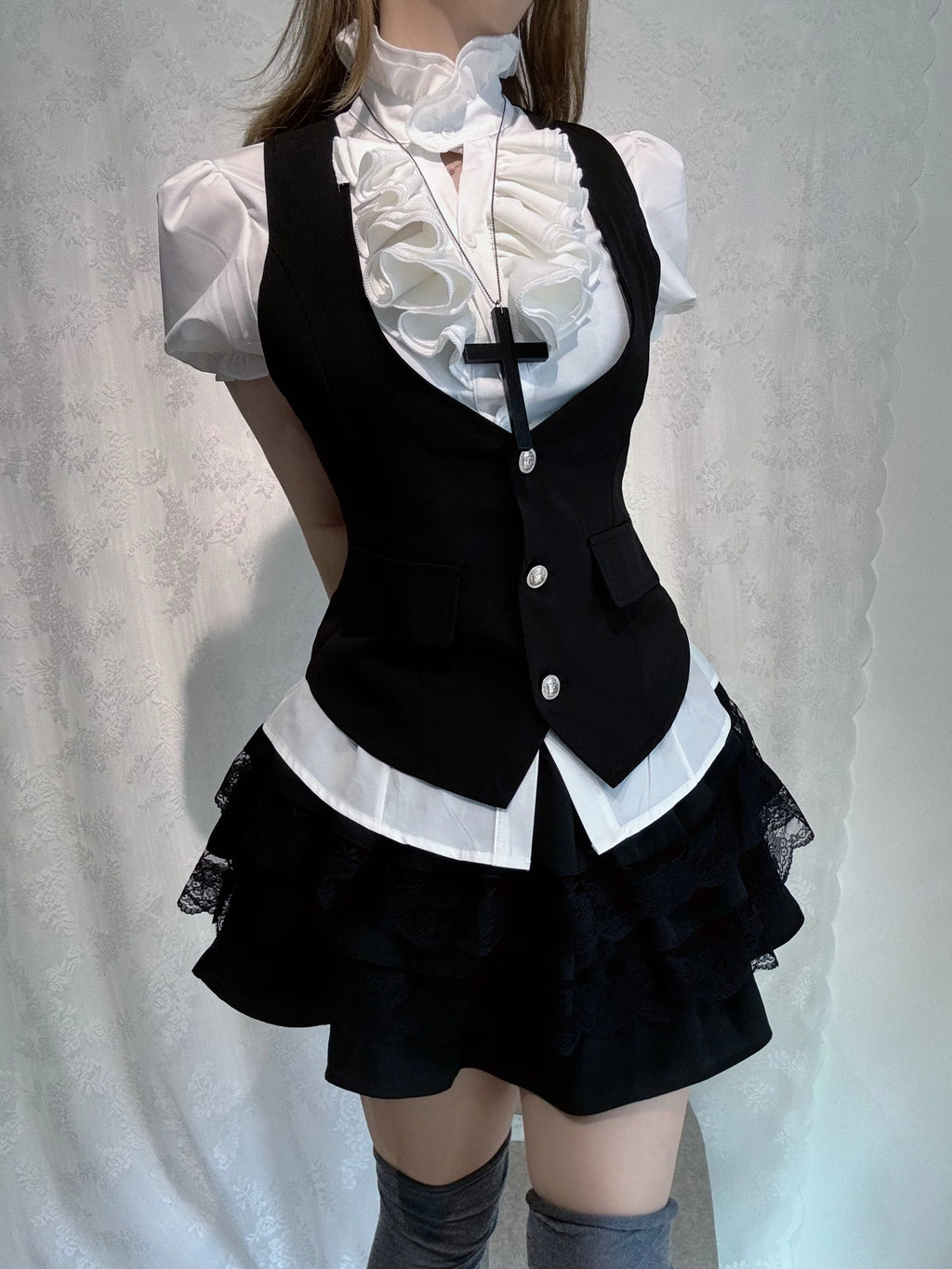 Vintage-Style Shirt, Vest & Mini Skirt Three-Piece Set T4673
