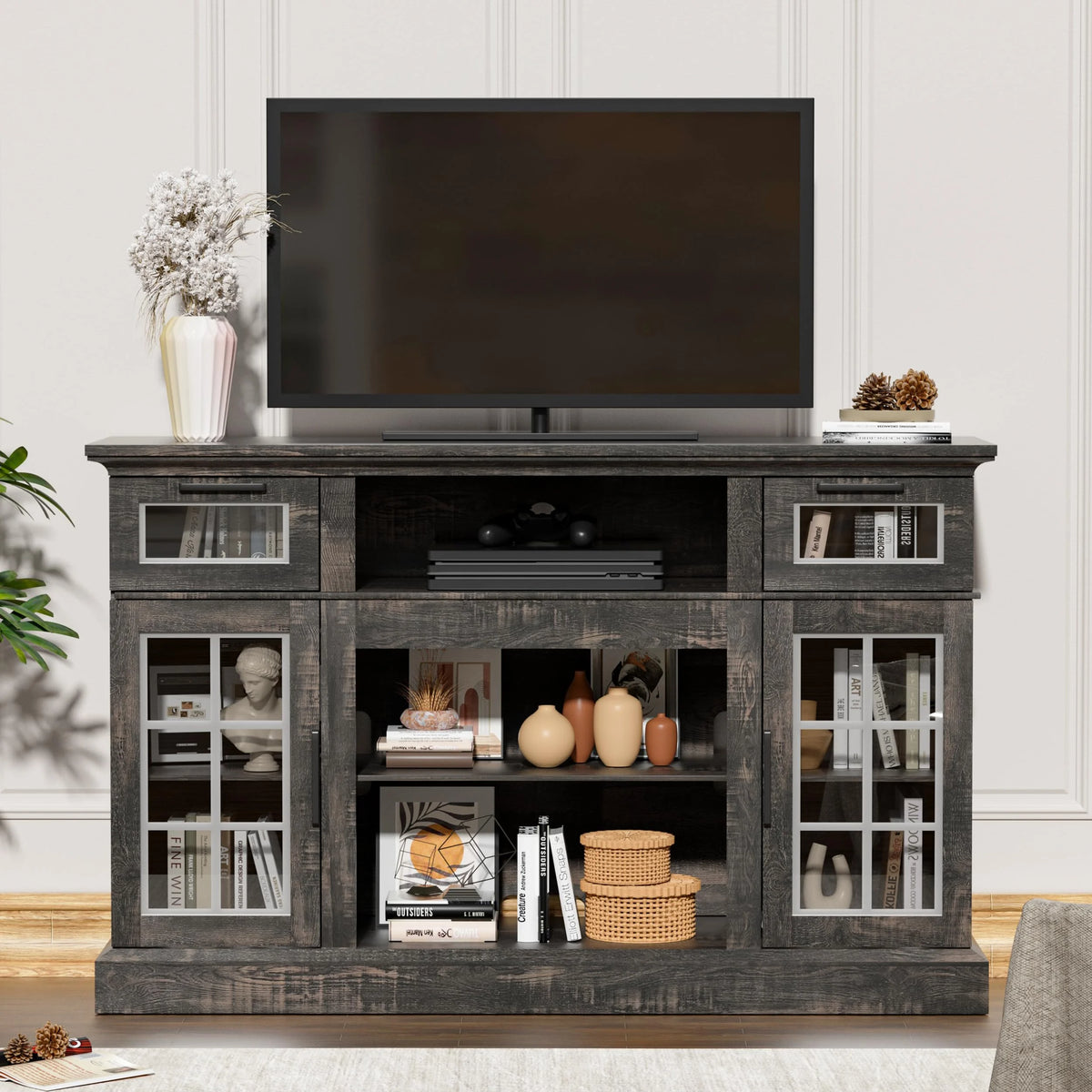 TV Stand with Glass Door & Drawer, 58 in Dark Rustic Oak B6933