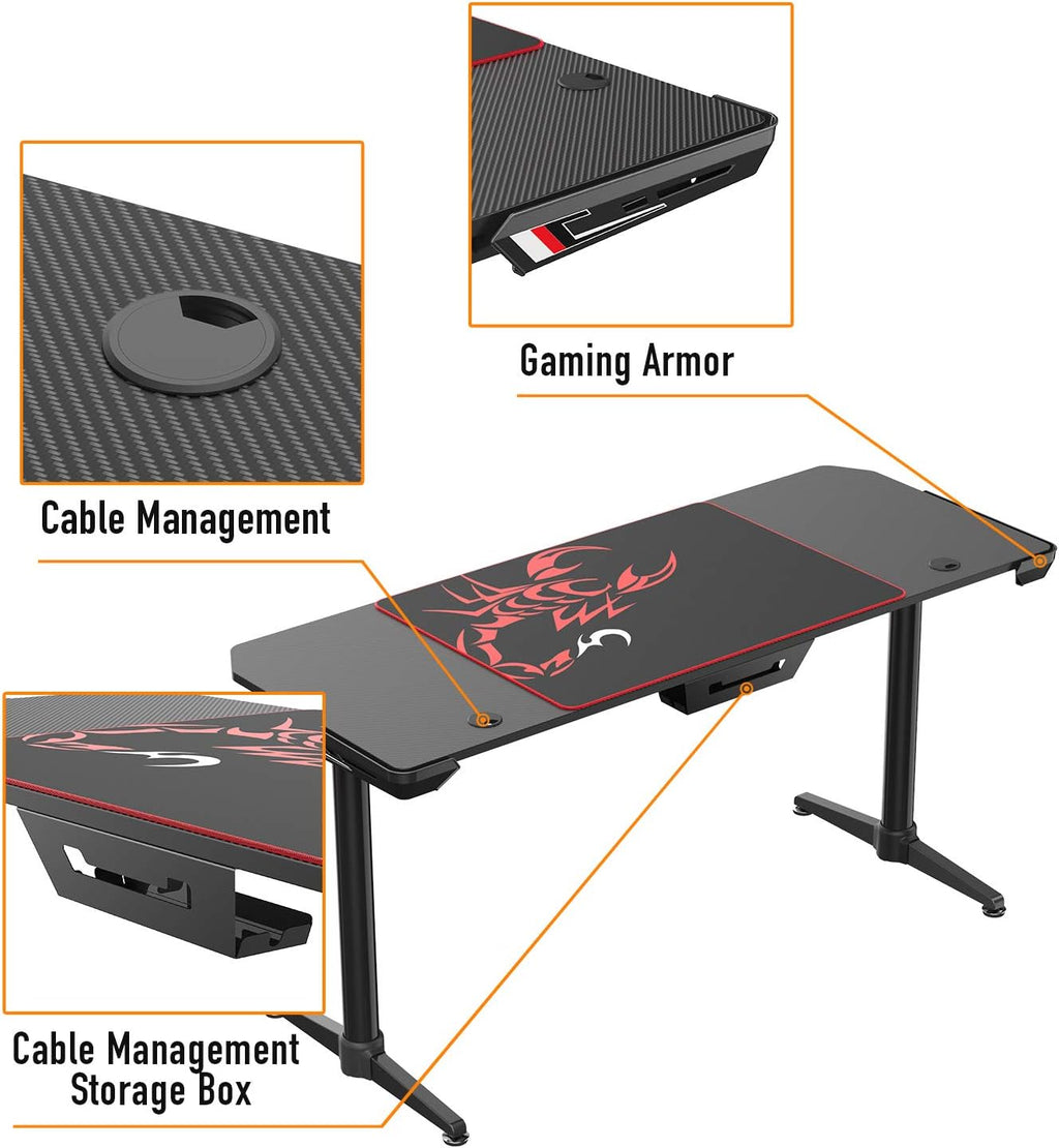 Black 60 inch Gaming Computer Desk with Carbon Fiber Surface E7872