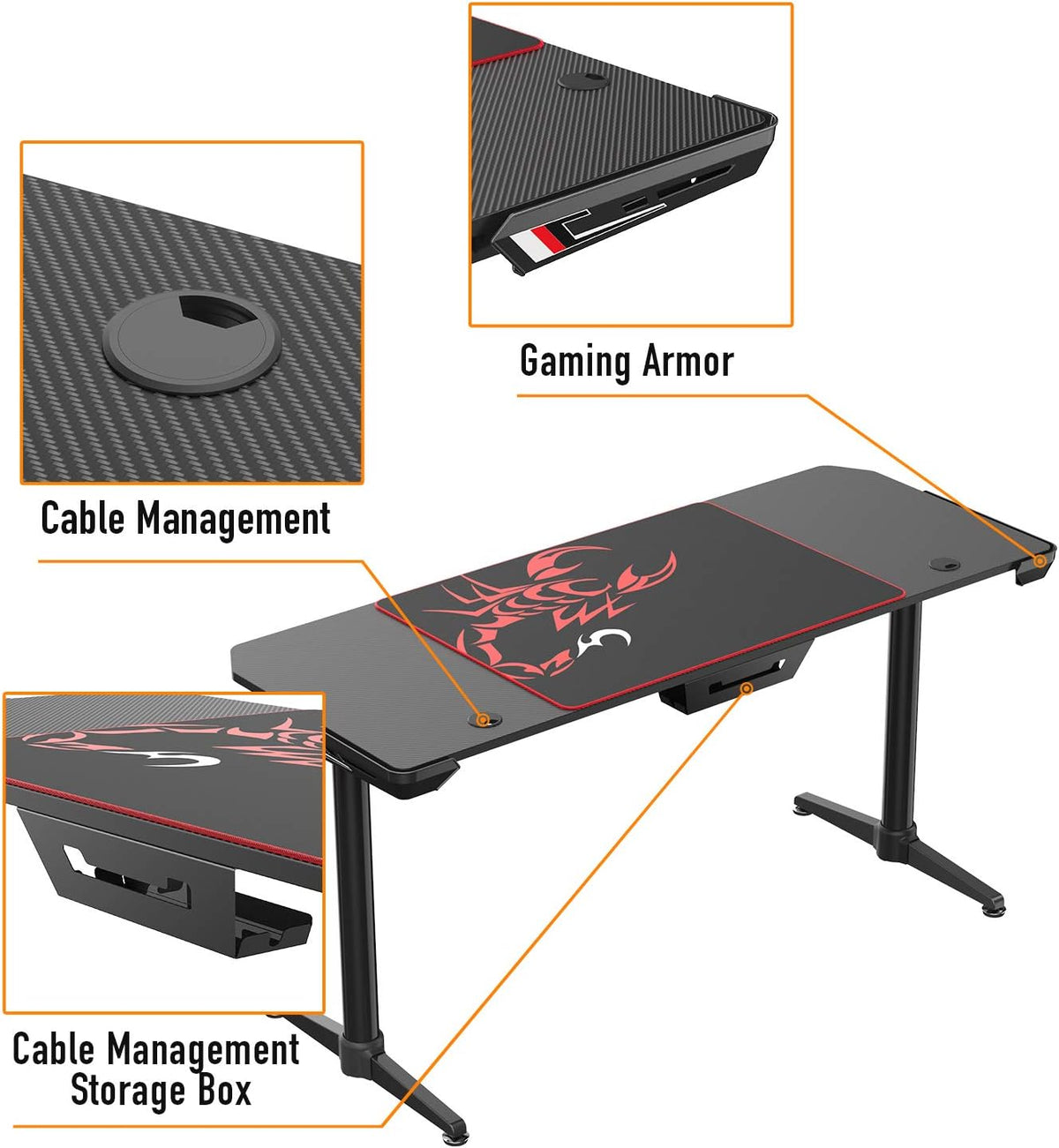 Black 60 inch Gaming Computer Desk with Carbon Fiber Surface E7872