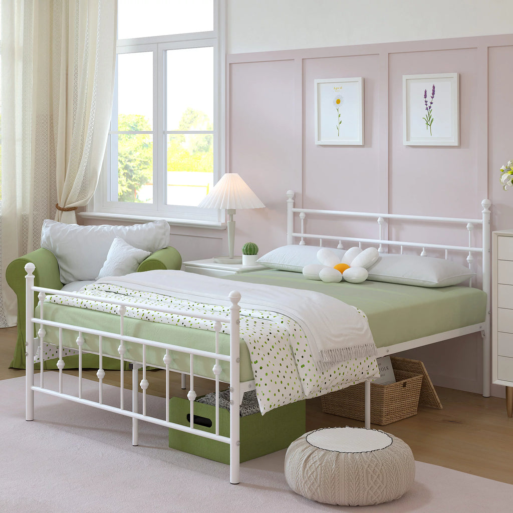 White Full Size Metal Platform Bed Frame with Headboard Footboard C823