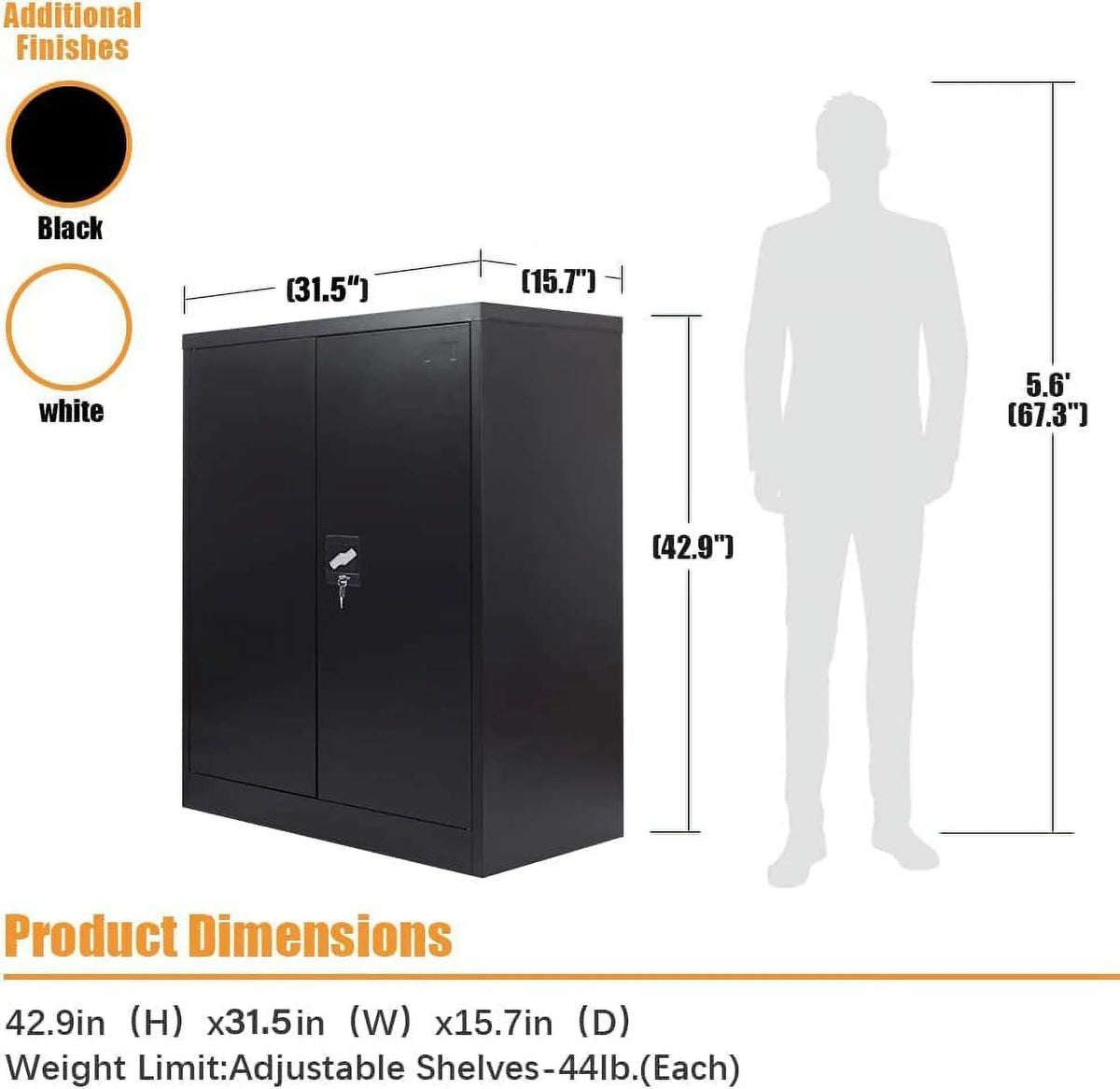 42-Inch Black Lockable Metal Storage Cabinet with Doors & 2 Adjustable Shelves L72496