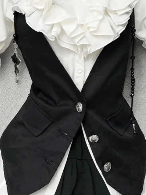 Vintage-Style Shirt, Vest & Mini Skirt Three-Piece Set T4673