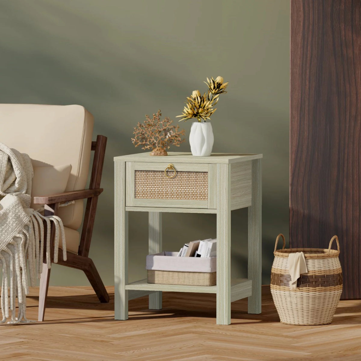 White Nightstand Set of 2 with Rattan Drawer and Open Storage Shelf I32611