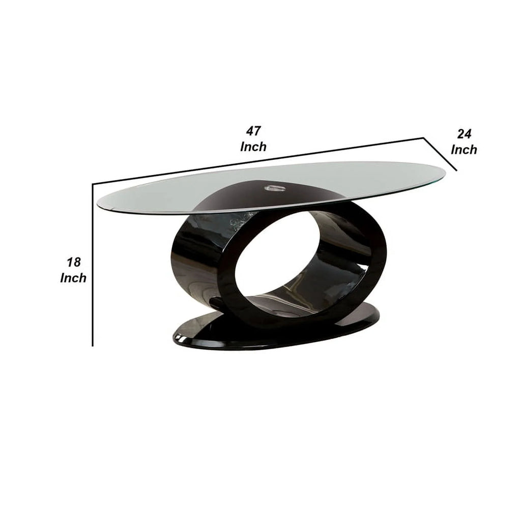 Contemporary Tempered Glass Top Coffee Table with O Shape Base, Black O596