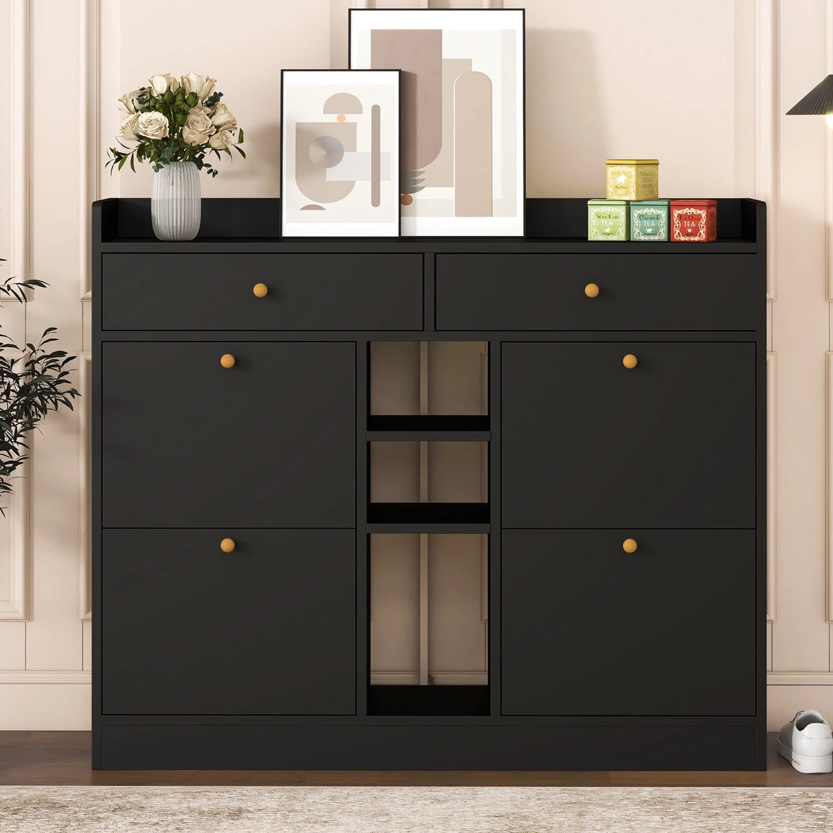 Black Shoe Storage Cabinet with 4 Flip Drawers L28028