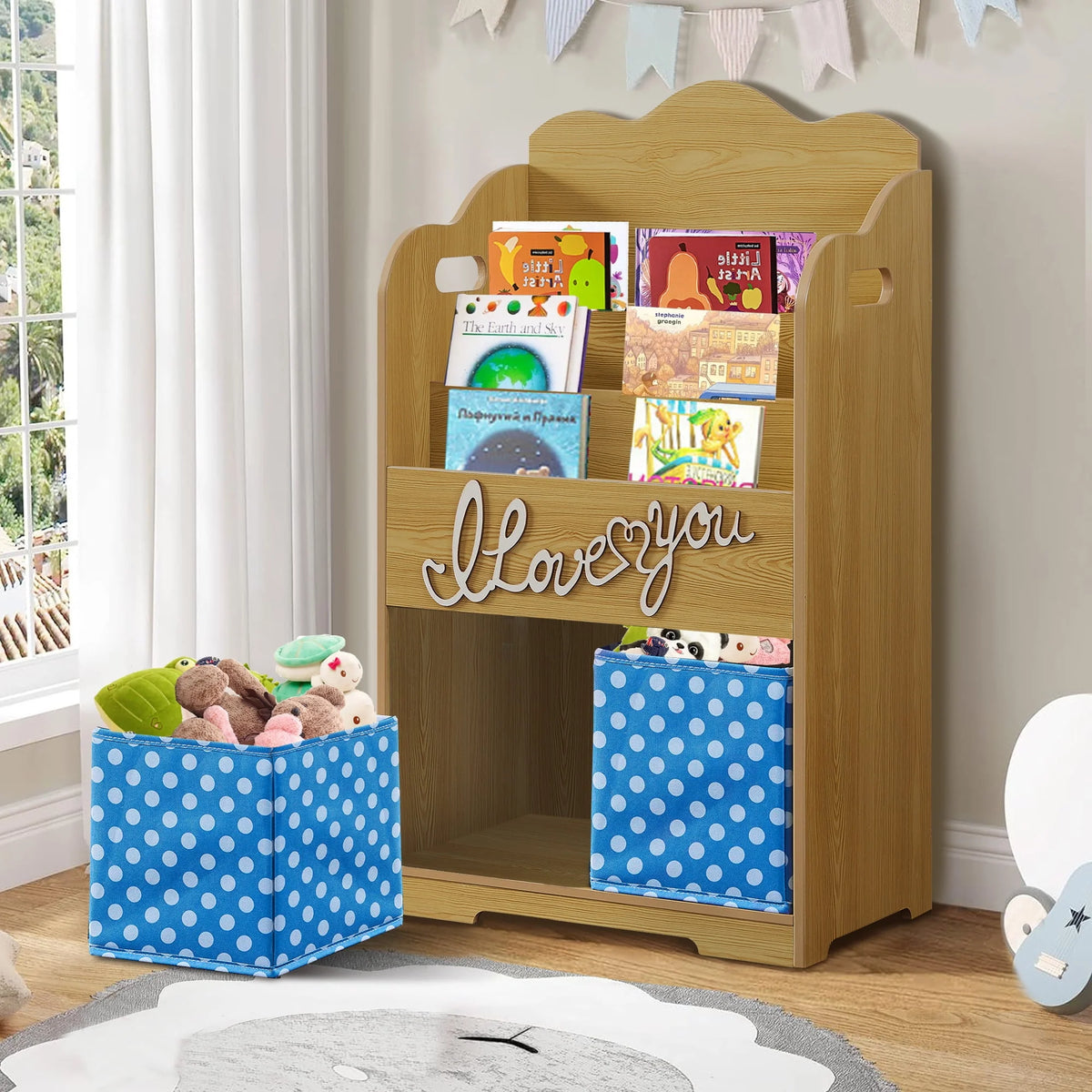 Pink Wood 4 Tier Kids Bookshelf with Toy Bin H822467