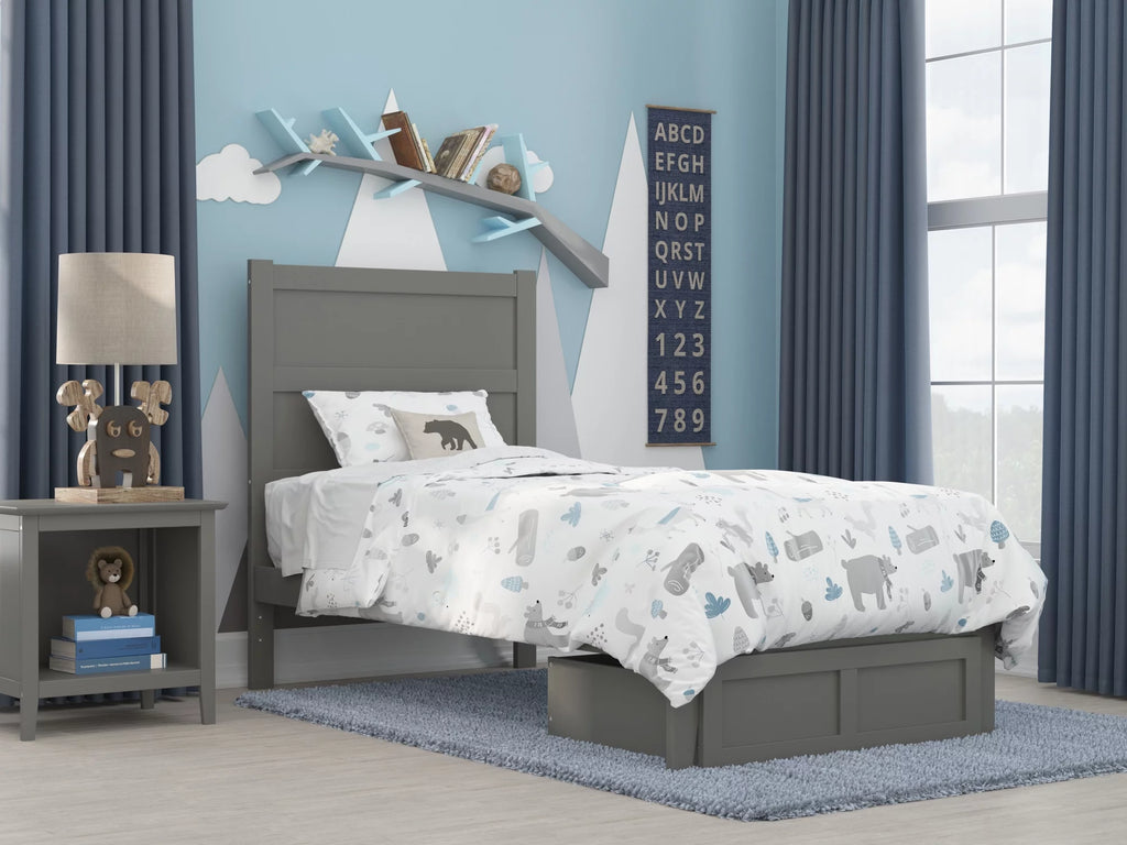 Grey Twin Wood Platform Bed Frame with Foot Drawer Storage J51904