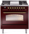 36 Dual Fuel Natural Gas Range in Burgundy with Brass Trim J909336