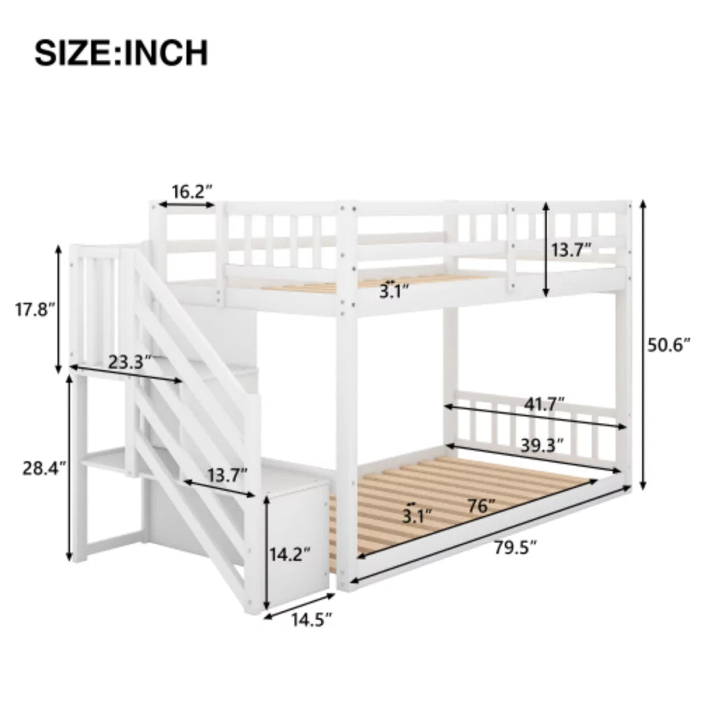 White Twin over Twin Floor Bunk Bed with Ladder X738891