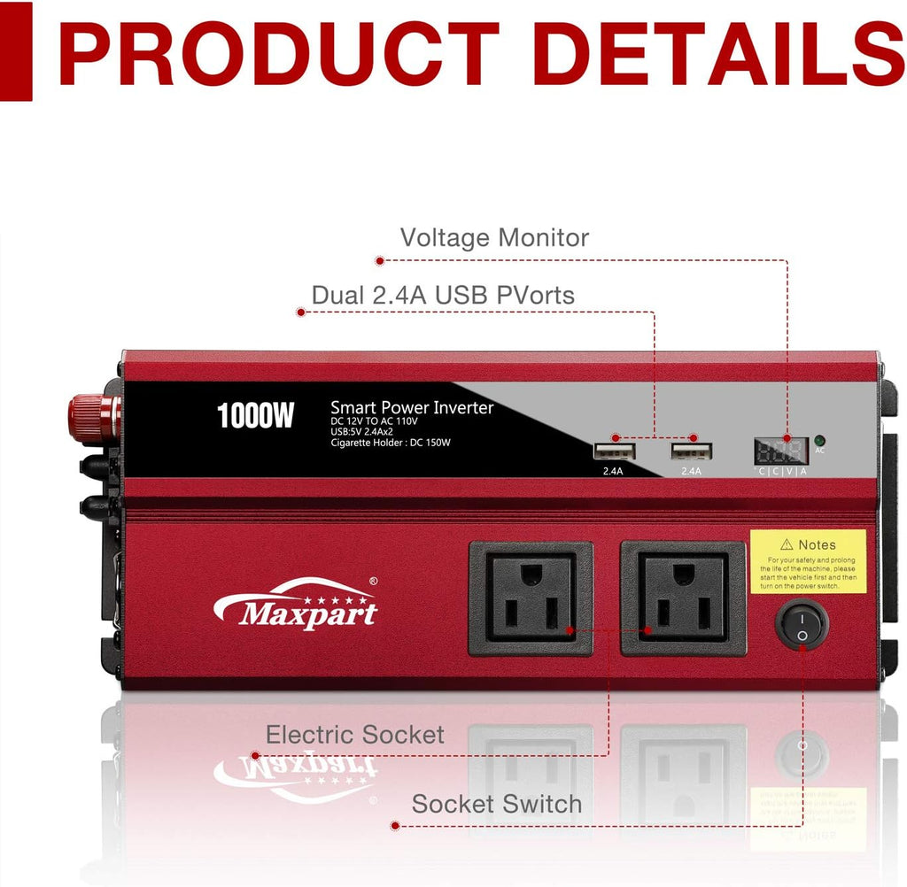 1000W Power Inverter 12v to 110v AC Dual AC Outlets 2.4A USB Pack of 2 T303
