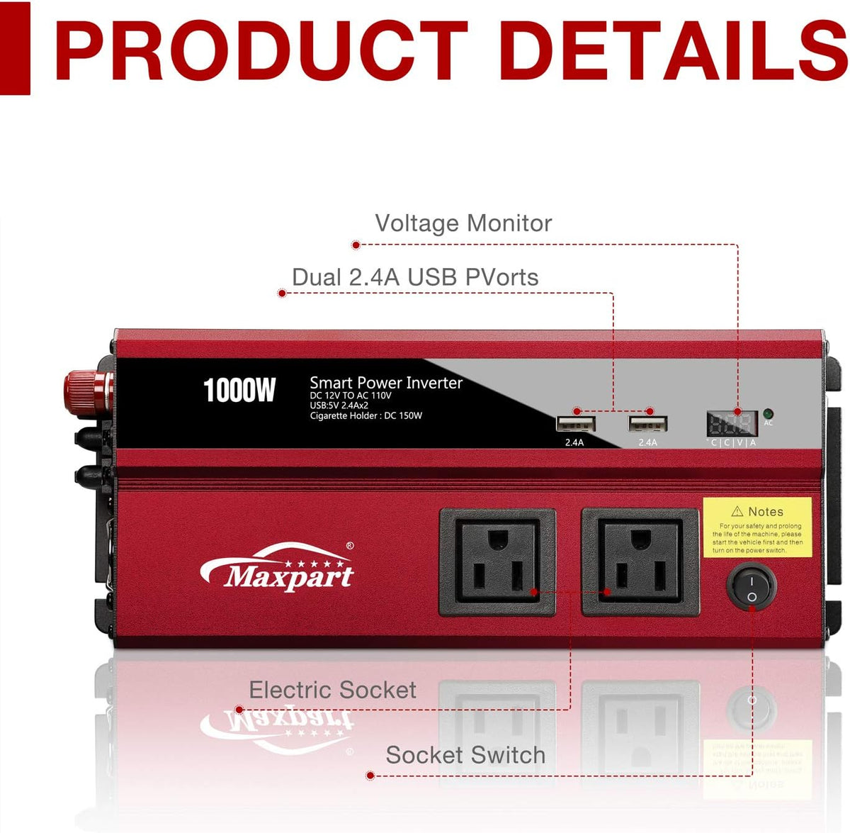 1000W Power Inverter 12v to 110v AC Dual AC Outlets 2.4A USB Pack of 2 T303