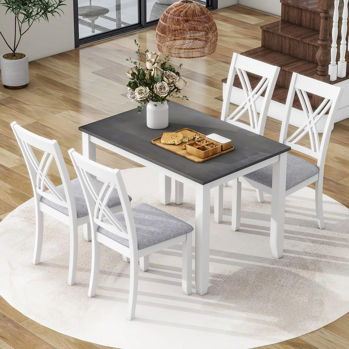 5-Piece Grey Wood Dining Table with 4 Chairs Set S2560