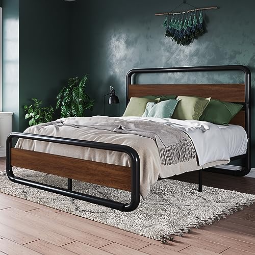 Full Size Black Metal Platform Bed Frame with Wood Headboard U2362