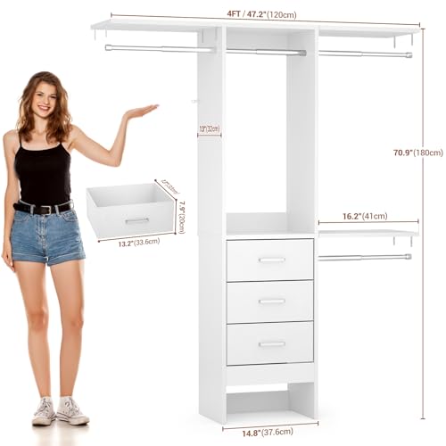 48" White Closet Organizer System with 3 Fabric Drawers and 3 Adjustable Shelves N3881