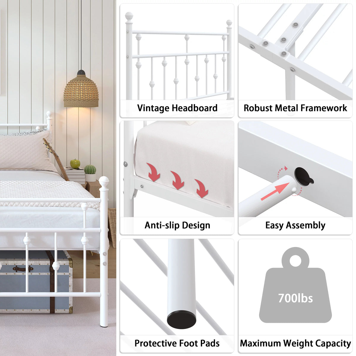 White Full Size Metal Platform Bed Frame with Headboard Footboard C823