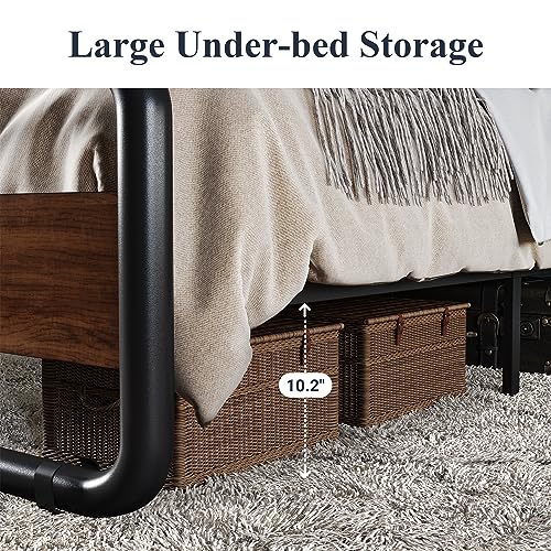 Full Size Black Metal Platform Bed Frame with Wood Headboard U2362