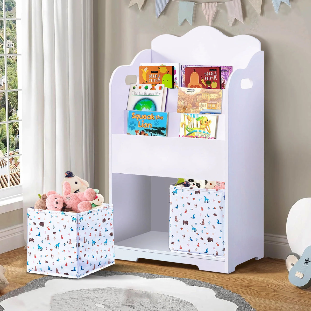 Pink Wood 4 Tier Kids Bookshelf with Toy Bin H822467