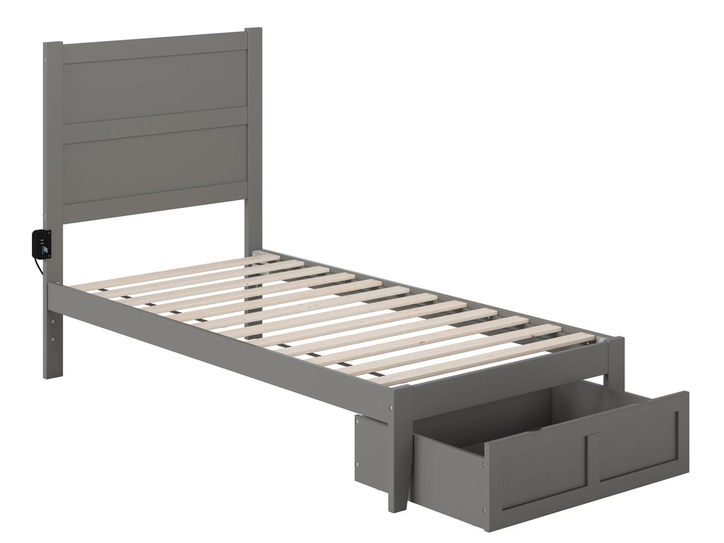 Grey Twin Wood Platform Bed Frame with Foot Drawer Storage J51904