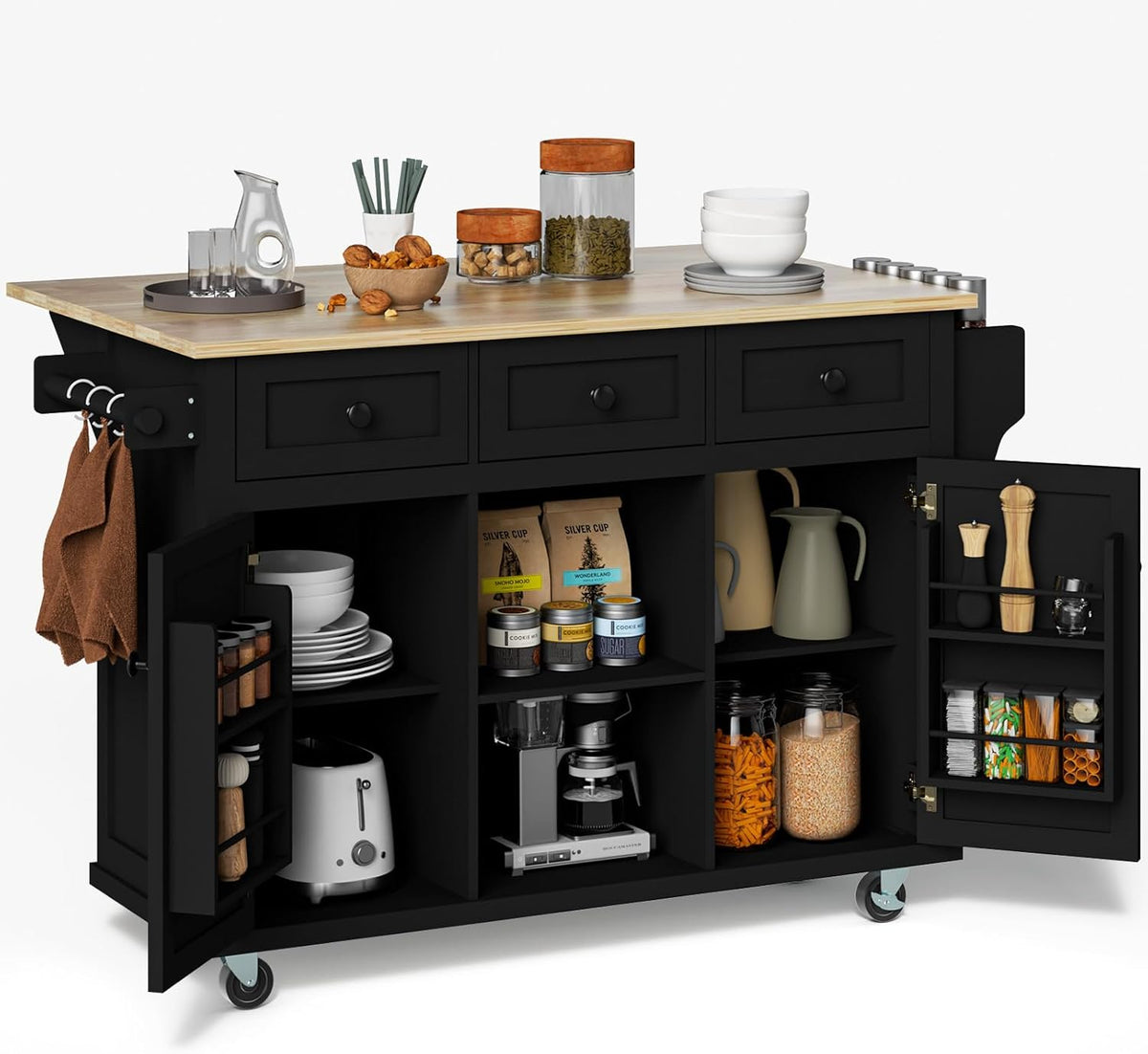 Black 53in Wood Rolling Kitchen Island with Drawer and Storage Cabinet C8478