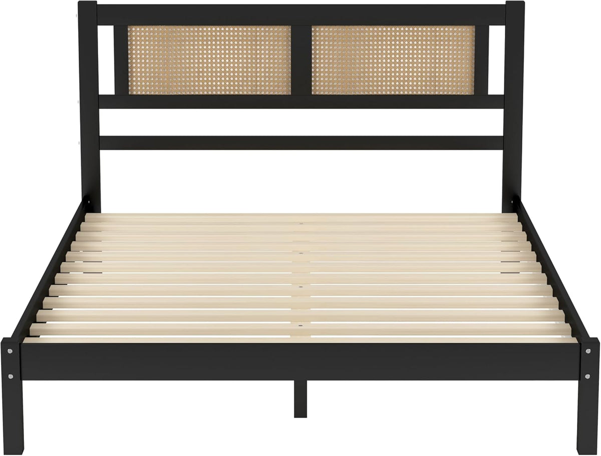Queen Size Wooden Platform Bed with Natural Rattan Headboard, Black M77164