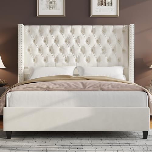 King Upholstered Bed Frame with Tall Headboard Wingback Platform Bed Tufted Deep Button Velvet Light Grey F73883
