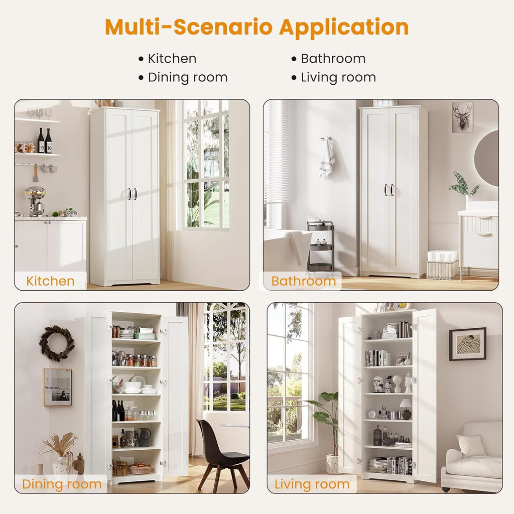 White 70" Tall Storage Cabinet with 2 Doors and 6 Adjustable Shelves B1313