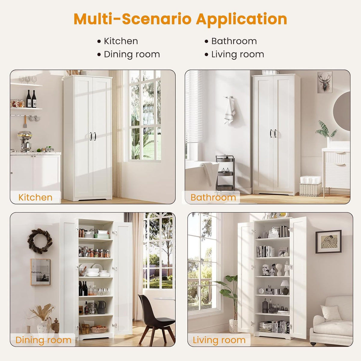 White 70" Tall Storage Cabinet with 2 Doors and 6 Adjustable Shelves B1313