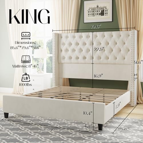 King Upholstered Bed Frame with Tall Headboard Wingback Platform Bed Tufted Deep Button Velvet Light Grey F73883