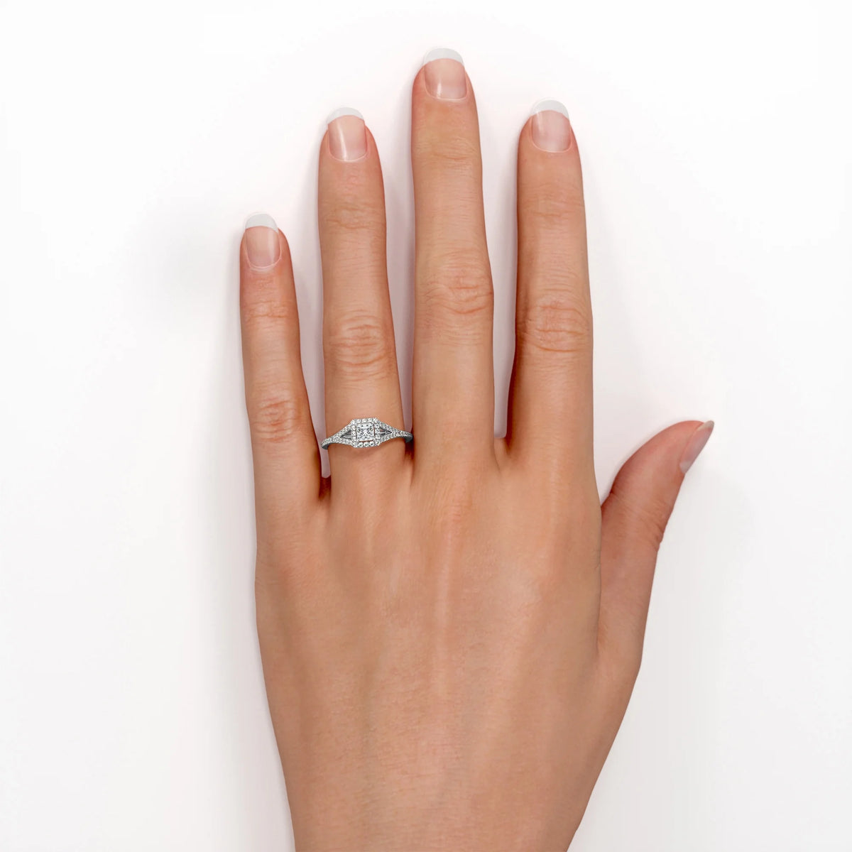 18K White Gold over Silver Princess Cut Diamond Halo Engagement Ring N2621
