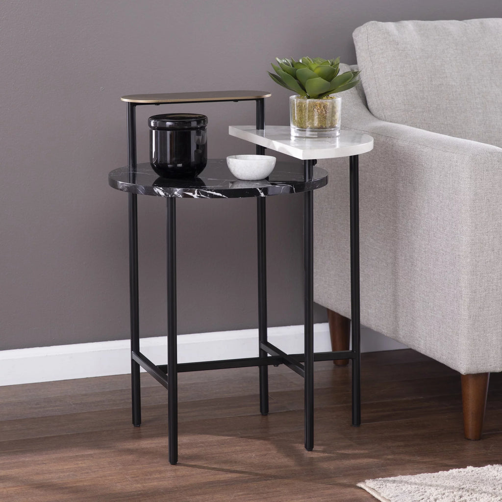28.5" Black White Gold Faux Marble End Table with Storage I176