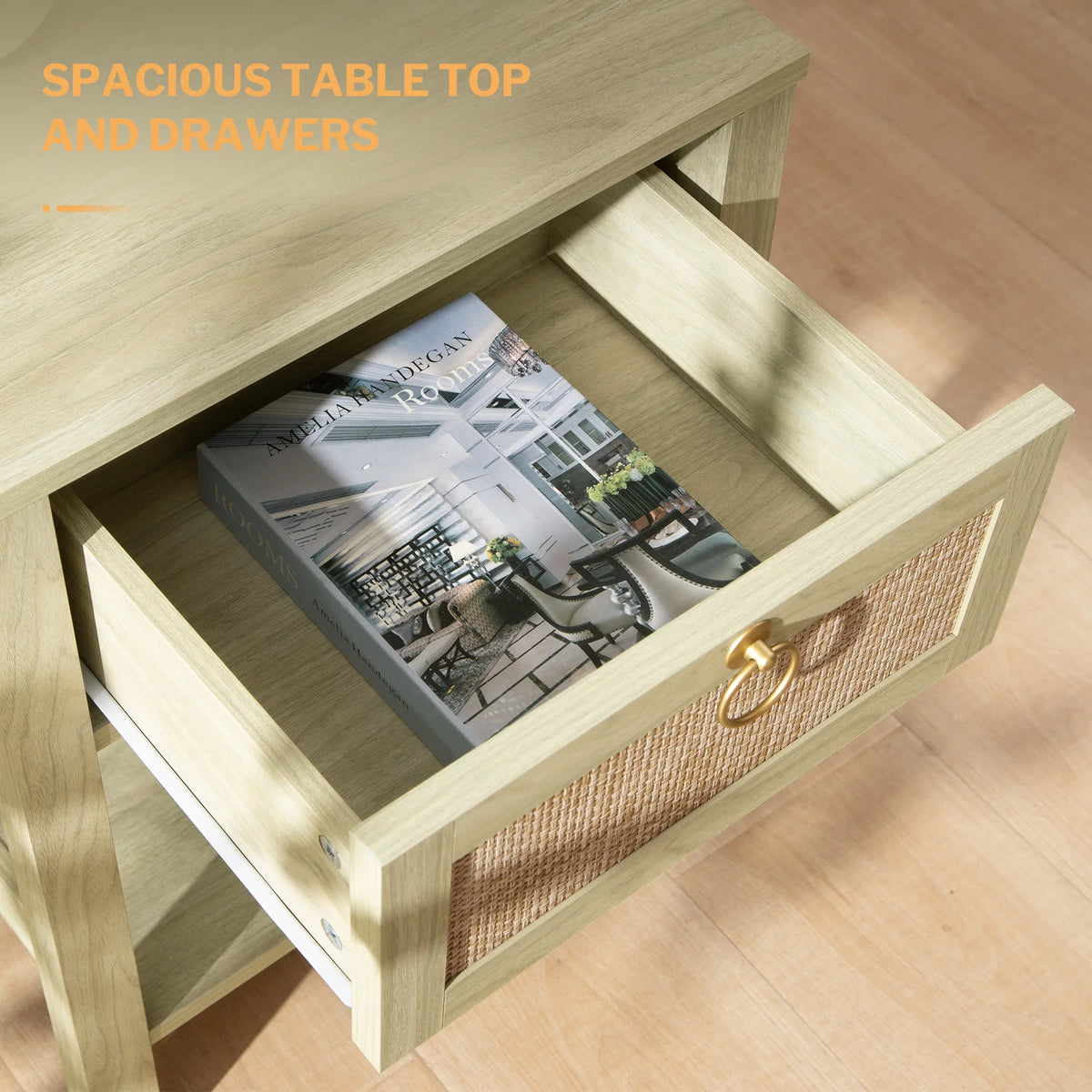 White Nightstand Set of 2 with Rattan Drawer and Open Storage Shelf I32611