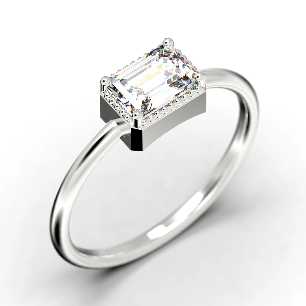 Emerald Cut Diamond Moissanite Engagement Ring In 10K Solid White Gold Z673