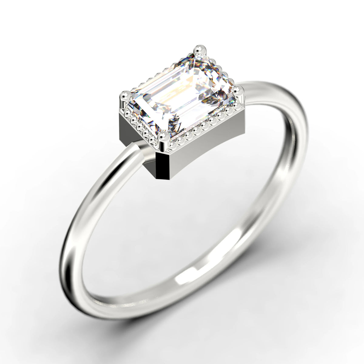 Emerald Cut Diamond Moissanite Engagement Ring In 10K Solid White Gold Z673