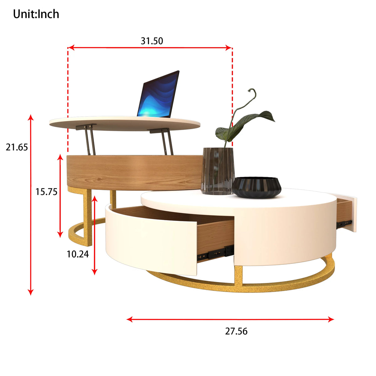 Round Lift-Top Coffee Table Set of 2 Brown White H317