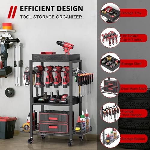 Power Tool Organizer with Rolling Cart and Open Tool Chest Cabinet J82983